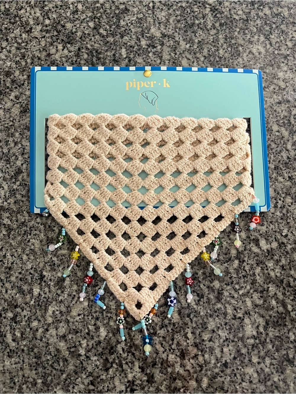 Piper Beige Crochet Triangle Scarf with Multicolor Beaded Fringe